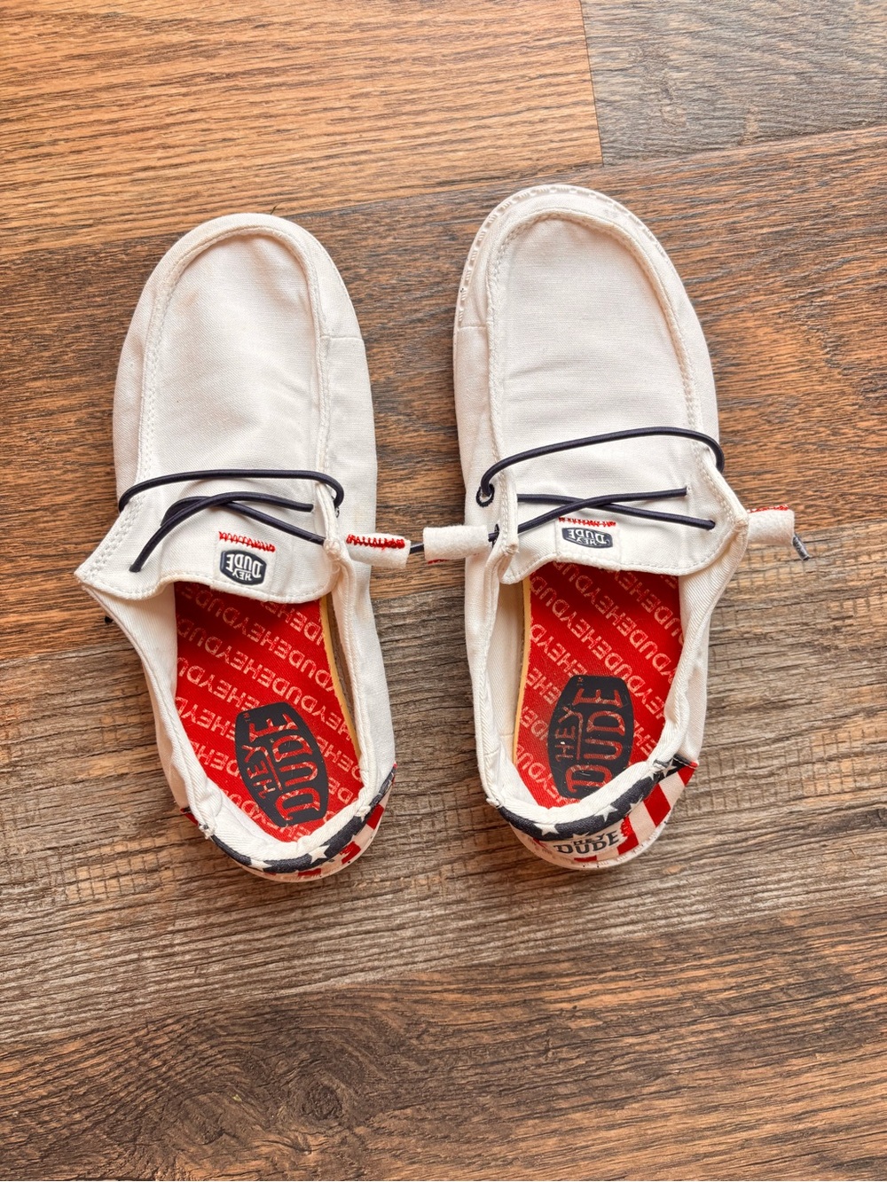 Hey Dude Women's Cream Canvas Loafers with Red Insole and Black Laces